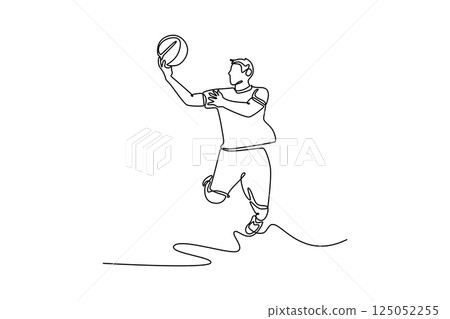 Single one line drawing active male basketball player performing lay up at sport court arena. Healthy sportsman on competitive training season. Continuous line draw design graphic vector illustration 125052255
