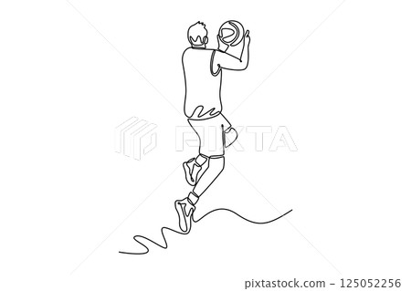 Continuous one line drawing professional basketball player in sport clothes jumping and making lay up for scoring point on game play at court arena. Single line draw design vector graphic illustration 125052256