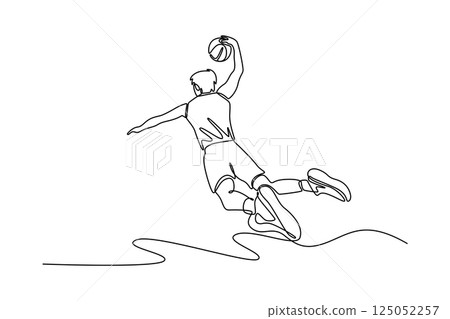 Continuous one line drawing back view of professional basketball player in sport clothes jumping and making dunk while training on playground court. Single line draw design vector graphic illustration 125052257