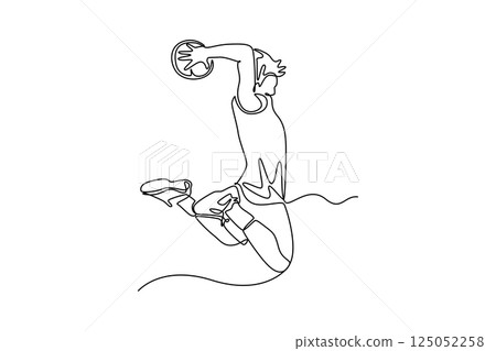 Continuous one line drawing sporty professional basketball player in sport clothes jumping and making dunk while training on national court arena. Single line draw design vector graphic illustration 125052258