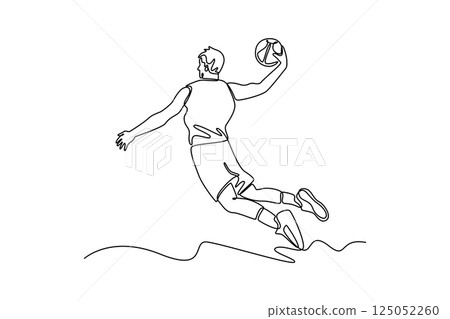 Continuous one line drawing back view of basketball player makes slam dunk on big professional arena during the game. Players wearing sport uniform. Single line draw design vector graphic illustration Continuous one line drawing back view of basketball player makes slam dunk on big professional arena during the game. Players wearing sport uniform. Single line draw design vector graphic illustration 125052260