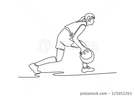 Continuous one line drawing female basketball player wear sports clothes doing dribbling training at game playground court. Outdoor courtyard sport. Single line draw design vector graphic illustration Continuous one line drawing female basketball player wear sports clothes doing dribbling training at game playground court. Outdoor courtyard sport. Single line draw design vector graphic illustration 125052263