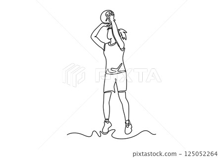 Single continuous line drawing pretty female basketball player doing jump shot for scoring point on big professional court arena during the game play. One line draw graphic design vector illustration Single continuous line drawing pretty female basketball player doing jump shot for scoring point on big professional court arena during the game play. One line draw graphic design vector illustration 125052264