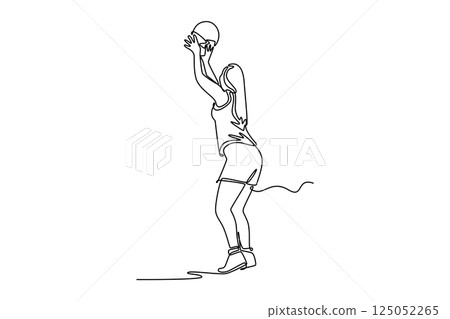 Continuous one line drawing back view of woman basketball player in sport uniform doing jump shot for scoring point while training on court arena. Single line draw design vector graphic illustration Continuous one line drawing back view of woman basketball player in sport uniform doing jump shot for scoring point while training on court arena. Single line draw design vector graphic illustration 125052265