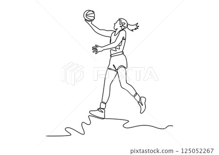 Single continuous line drawing woman basketball player in sport clothes jumping and making lay up for scoring point while training on playground court. One line draw graphic design vector illustration 125052267
