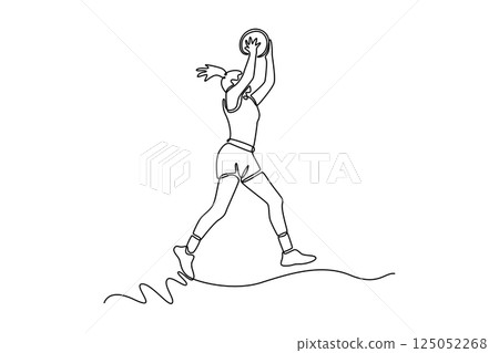 Single continuous line drawing beauty professional woman basketball player in sport clothes jumping and making dunk while training on playground court. One line draw graphic design vector illustration 125052268
