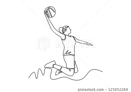 Single continuous line drawing attractive female basketball player makes slam dunk at sport court arena. Healthy urban lifestyle on competitive game. One line draw graphic design vector illustration Single continuous line drawing attractive female basketball player makes slam dunk at sport court arena. Healthy urban lifestyle on competitive game. One line draw graphic design vector illustration 125052269