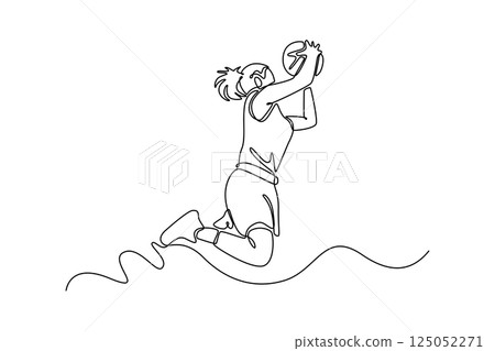 Single continuous line drawing pretty female basketball player makes slam dunk on professional arena in the game play. Players wearing sport uniform. One line draw graphic design vector illustration Single continuous line drawing pretty female basketball player makes slam dunk on professional arena in the game play. Players wearing sport uniform. One line draw graphic design vector illustration 125052271
