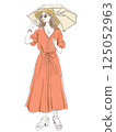 A woman taking measures against sunburn. Fashion illustration of a woman taking measures against UV rays in summer with a parasol and sunglasses 125052963