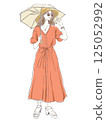 A woman taking measures against sunburn. Fashion illustration of a woman taking measures against UV rays in summer with a parasol and sunglasses 125052992