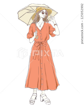 A woman taking measures against sunburn. Fashion illustration of a woman taking measures against UV rays in summer with a parasol and sunglasses A woman taking measures against sunburn. Fashion illustration of a woman taking measures against UV rays in summer with a parasol and sunglasses 125052992