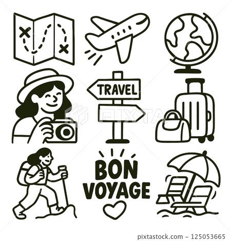 Traveling is exciting adventure filled with exploration and discovery, featuring elements like map, airplane, globe, and travel gear. Capture joy of travel with this fun illustration Traveling is exciting adventure filled with exploration and discovery, featuring elements like map, airplane, globe, and travel gear. Capture joy of travel with this fun illustration 125053665