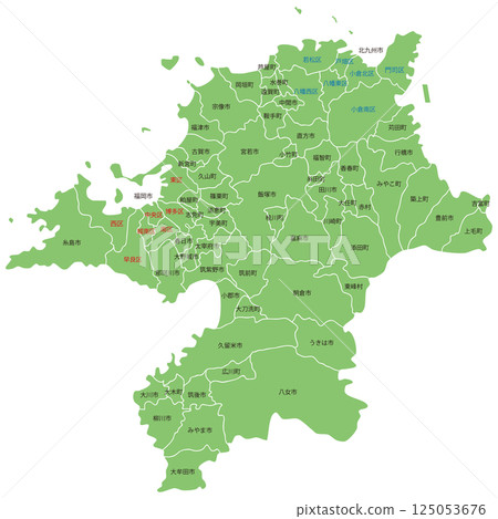 Dividable map of Fukuoka prefecture with ward, city, town and village names 125053676