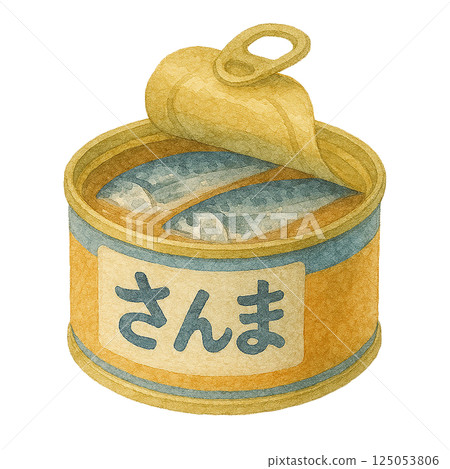 Watercolor illustration of an open can of pacific saury (preserved food, canned food) 125053806
