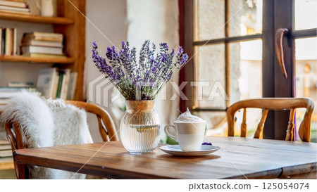 書咖啡館圖片、咖啡和薰衣草 125054074