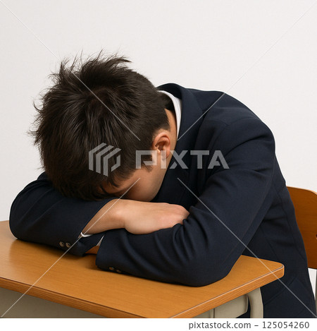 A male student lying face down on a desk 125054260