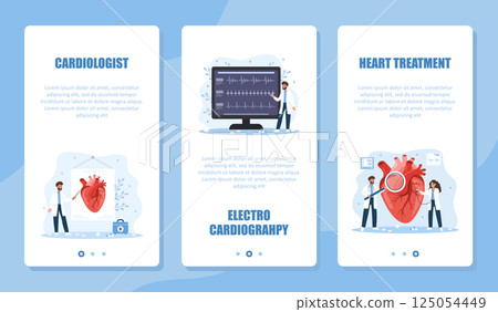 Cardiology banner set. Heart exam and treatment. Male cardiologist make diagnosis and choose therapy. ECG concept. Vector illustration in flat cartoon style. Prevention of heart diseases 125054449