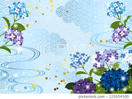 繡球花，梅雨，背景，日式，插圖，可愛，青外波，雲，橫向，藍色 125054500