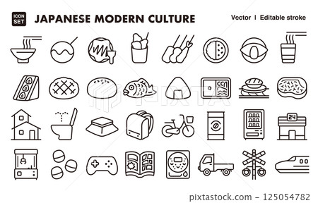 日本當代文化圖示插畫集EPS版本可編輯改變線條粗細等。 日本當代文化圖示插畫集EPS版本可編輯改變線條粗細等。 125054782