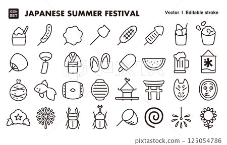 日本夏日節慶圖示插圖集EPS版本可以編輯以更改線條粗細等。 日本夏日節慶圖示插圖集EPS版本可以編輯以更改線條粗細等。 125054786