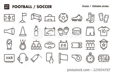足球圖示插圖集EPS版本可以編輯以更改線條粗細等。 125054787