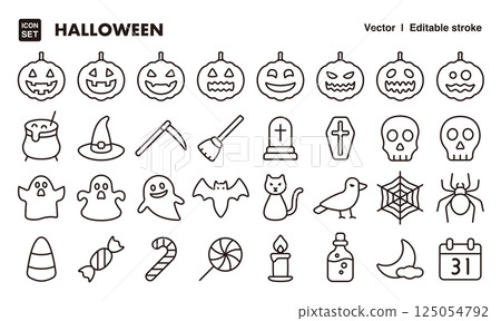 萬聖節圖示插圖集EPS版本可以編輯以更改線條粗細等。 125054792