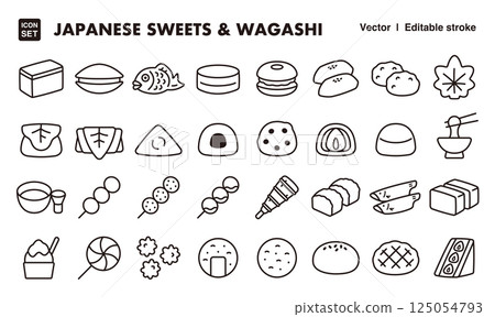 Icon illustration set of Japanese sweets and wagashi (traditional Japanese sweets) EPS version can be edited to change line thickness, etc. 125054793
