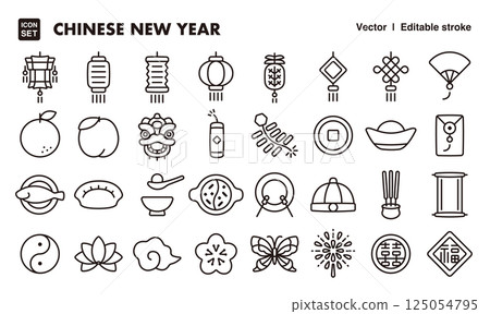 中國新年、農曆新年圖示插圖集 EPS 版本可編輯線條粗細等 125054795