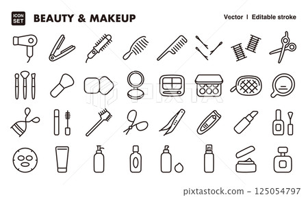 美容化妝工具圖示插圖集EPS版本可編輯改變線條粗細等。 125054797