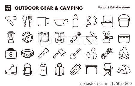 戶外裝備和露營設備圖示插圖集EPS版本可以編輯以更改線條粗細等。 125054800