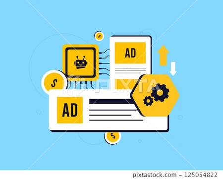 AI-driven ad automation improves ads placement precision and audience targeting while reducing manual work and boosting campaign performance. AI in programmatic advertising Vector illustration AI-driven ad automation improves ads placement precision and audience targeting while reducing manual work and boosting campaign performance. AI in programmatic advertising Vector illustration 125054822