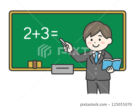 Illustration of a male teacher (line drawing color) teaching arithmetic at the blackboard 125055070