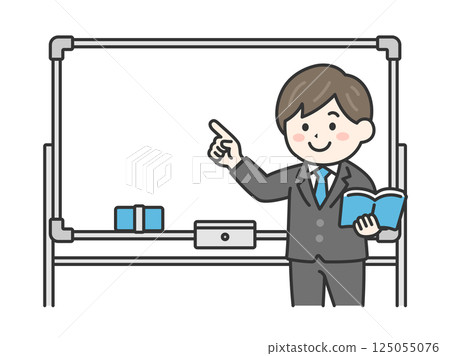 Illustration of a male teacher (line drawing color) teaching using a whiteboard 125055076