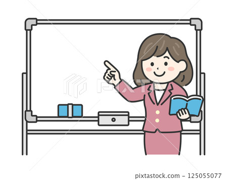 Illustration of a female teacher (line drawing color) teaching using a whiteboard Illustration of a female teacher (line drawing color) teaching using a whiteboard 125055077