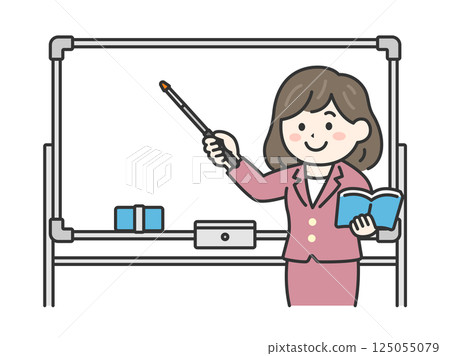 Illustration of a female teacher (line drawing color) teaching a lesson using a pointer on a whiteboard Illustration of a female teacher (line drawing color) teaching a lesson using a pointer on a whiteboard 125055079