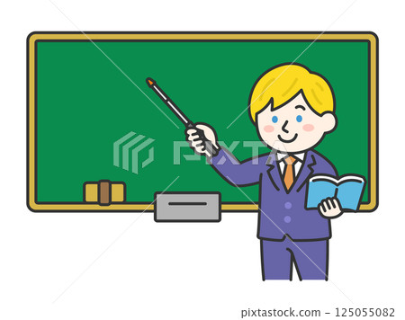 一位白人男教師（線畫顏色）在黑板前用教鞭教學的插圖 125055082