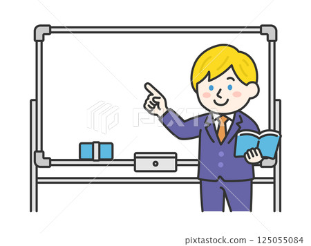 Illustration of a Caucasian male teacher (line drawing color) teaching using a whiteboard Illustration of a Caucasian male teacher (line drawing color) teaching using a whiteboard 125055084