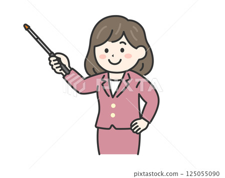 Illustration of a woman in a suit explaining something using a pointer (line drawing color) Illustration of a woman in a suit explaining something using a pointer (line drawing color) 125055090