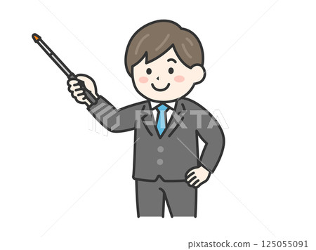 一位穿著西裝的男士用指針解釋某事的插圖（彩色線條畫） 125055091