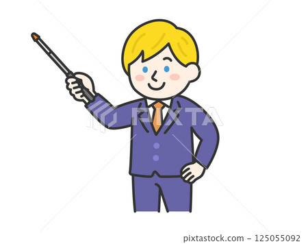一位身穿西裝的白人男子用指針解釋某件事的插圖（線畫，彩色） 125055092