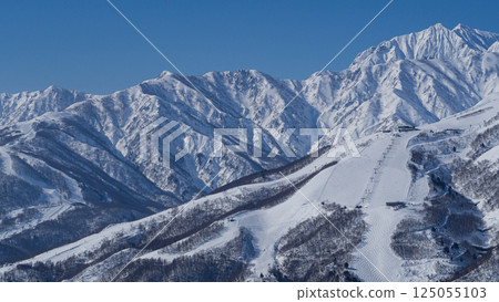 Distant view of the Northern Alps and ski resorts, Hakuba Village, Nagano Prefecture 125055103