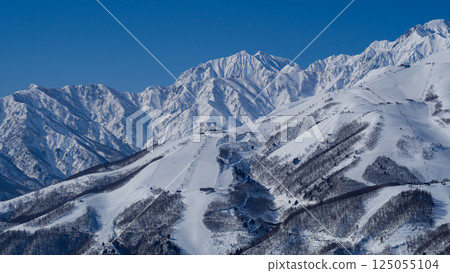 Distant view of the Northern Alps and ski resorts, Hakuba Village, Nagano Prefecture 125055104