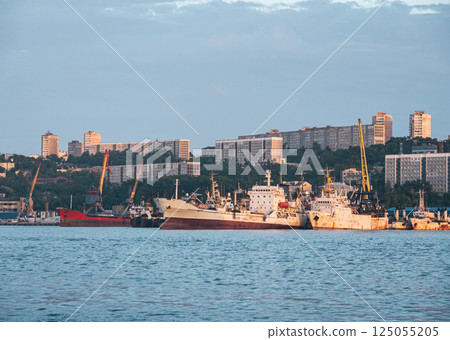 Ships docked in Vladivostok harbor with city skyline in the background during a clear evening. 125055205