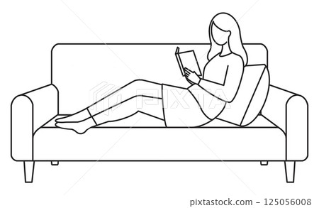 一位女士在沙發上休息時閱讀的線條插圖 一位女士在沙發上休息時閱讀的線條插圖 125056008