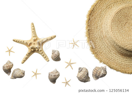 Seashells and a straw hat represent summer vacation vibes, isolated on white background Seashells and a straw hat represent summer vacation vibes, isolated on white background 125056134