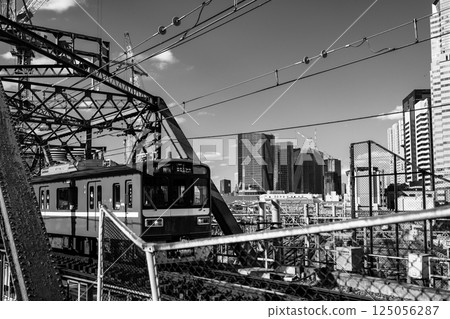 Railway bridge and skyscrapers Tokyo cityscape 2025.03 c-6 monochrome Railway bridge and skyscrapers Tokyo cityscape 2025.03 c-6 monochrome 125056287