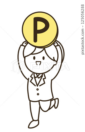 Simple illustration of a woman holding a point coin Simple illustration of a woman holding a point coin 125056288