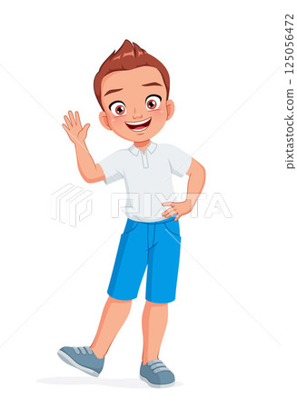 Happy little boy waving his hand. Cartoon vector illustration. 125056472