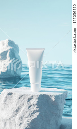 Luxury Sun Cream on White Stone with Light Blue Water and Sky Background 125056510
