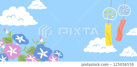 Summer cumulonimbus clouds and morning glories illustration banner 125056558